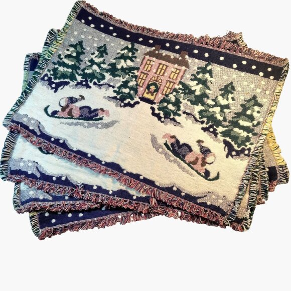 Sledding Snow Scene Tapestry Placemat Vintage Christmas Woven 18 x 14 lot 4 - Picture 5 of 10